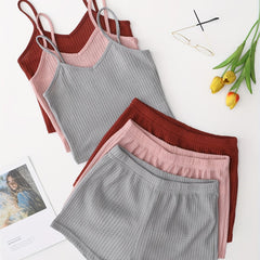 Waffle Lounge Set V Neck Cami Top & Shorts Women's Loungewear