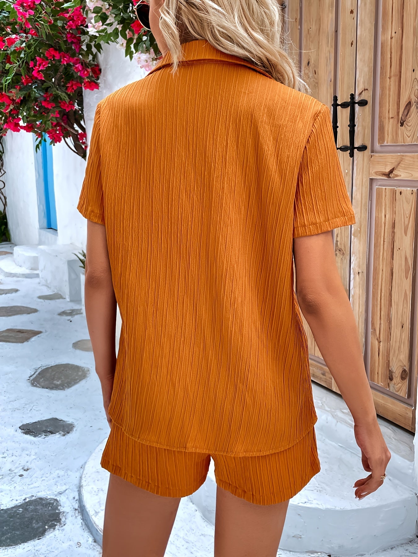 Solid Textured Shorts & Shirts Set Women's Clothing