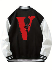 V Letter Print Bear With A Broken Heart Graphic Baseball Jacket