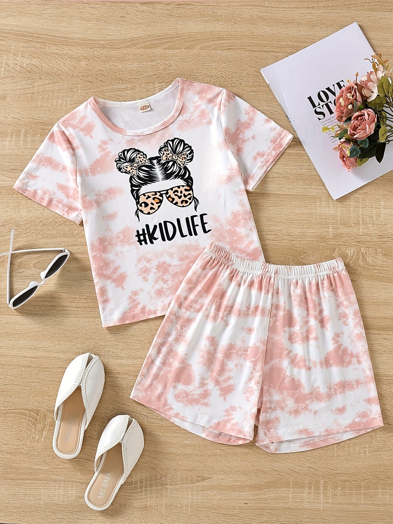 Girls' Tie Dye Short Sleeve T-Shirt Top & Shorts Set for Street Party