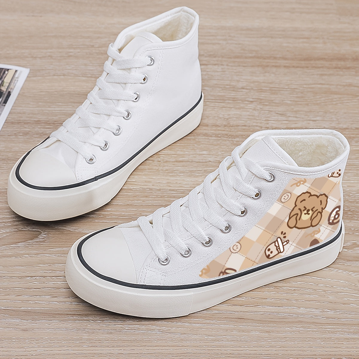 Bear Print Plush Lined Thermal Chunky Canvas Sneakers Flat Heighten