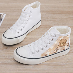 Bear Print Plush Lined Thermal Chunky Canvas Sneakers Flat Heighten