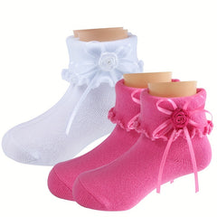 4 Pairs Girls Knit Ruffled Socks with Flower Decoration