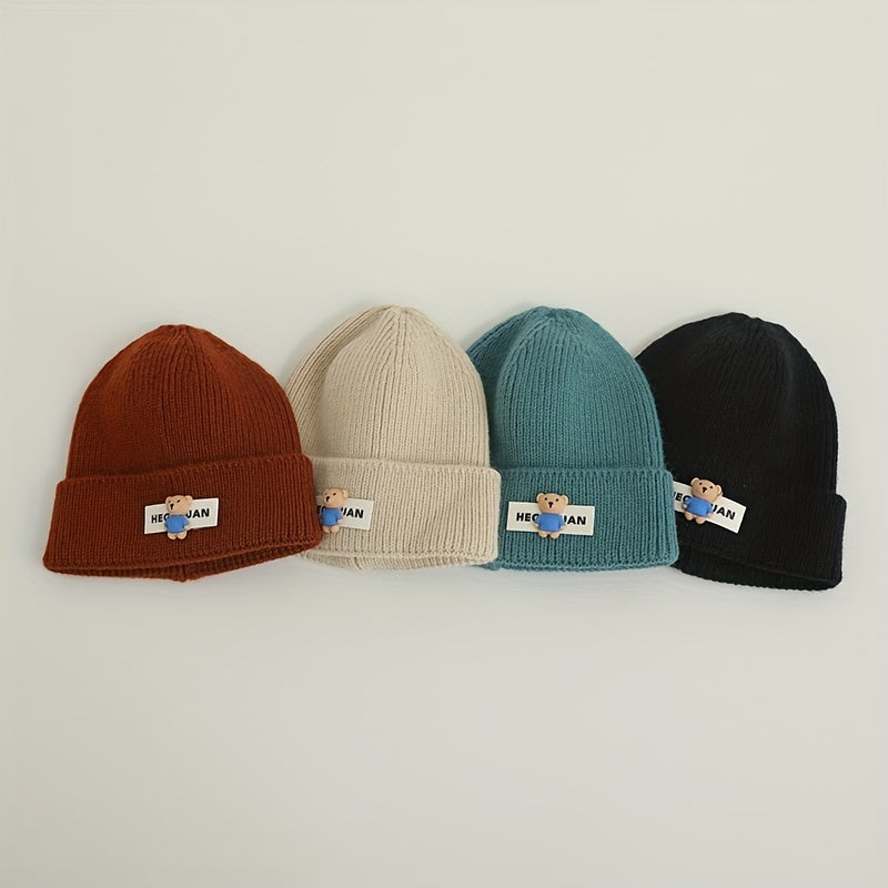 Windproof Knit Beanie Hat with Toy Bear for Men and Women