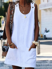 Solid Sleeveless Button Dress With Pockets Women's Clothing