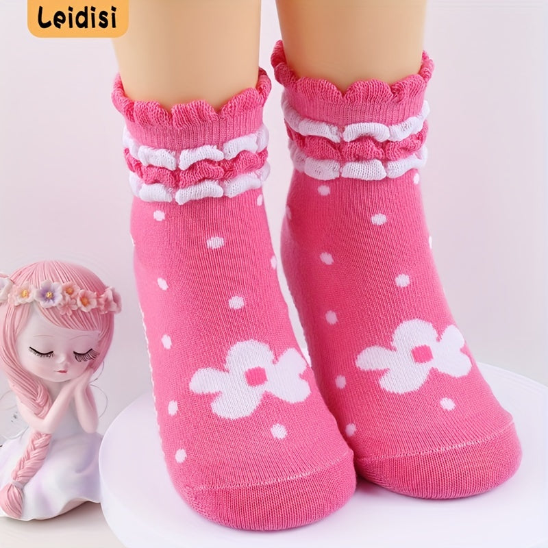 3 Pairs Girls Pink Flower Dot Lace Crew Socks Toddlers Non-Slip Floor Socks