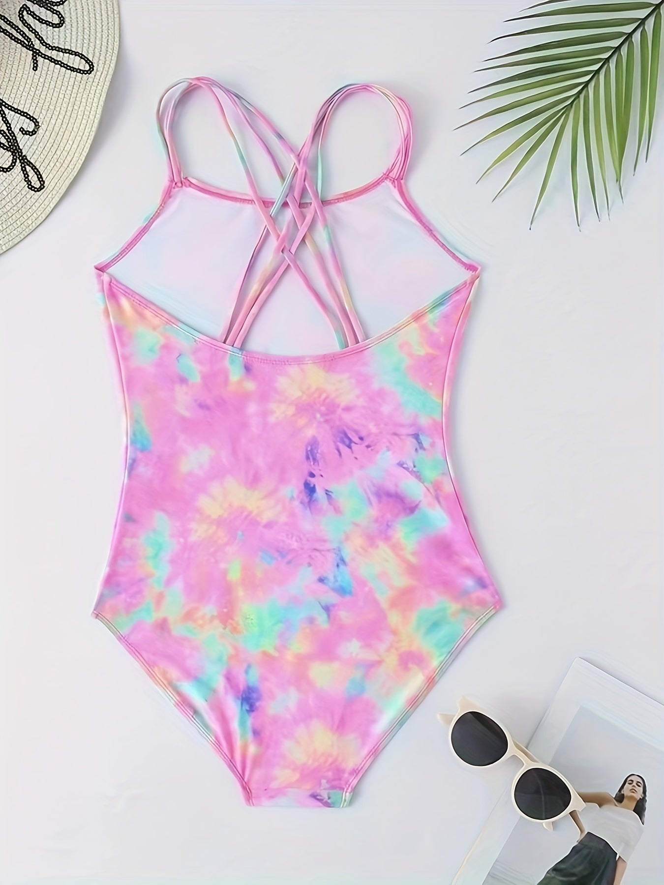 Girls' Tie Dye Hawaiian Swimsuit Iridescent Graphic Mid Stretch Suspenders