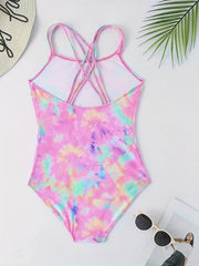 Girls' Tie Dye Hawaiian Swimsuit Iridescent Graphic Mid Stretch Suspenders