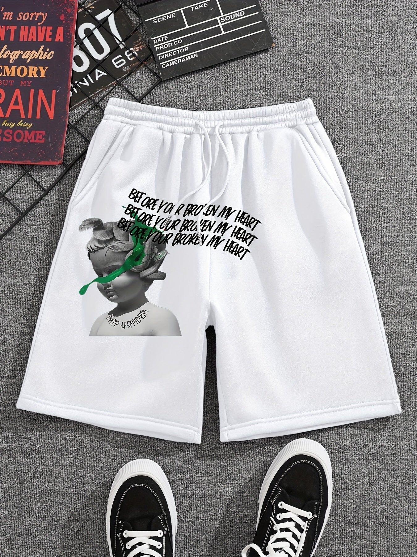 Snake & Child Statue Comfy Shorts Men's Casual Elastic Waist Drawstring Shorts