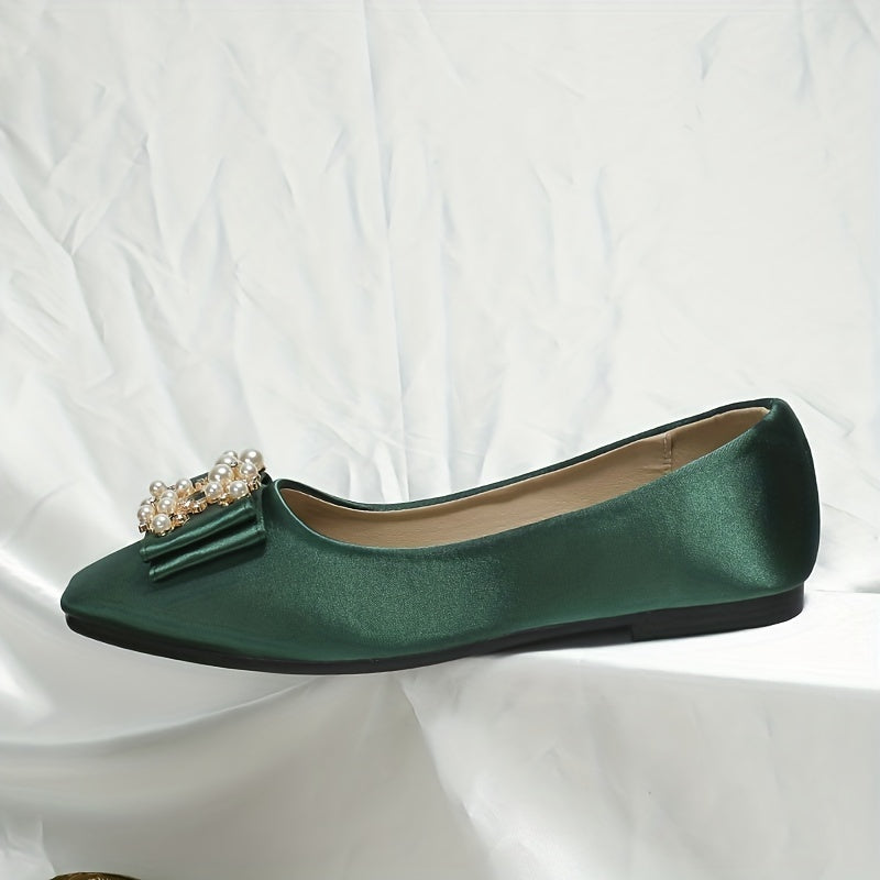 Faux Pearl Bow Ballet Flats Square Toe Slip On Satin Wedding Shoes