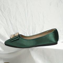 Faux Pearl Bow Ballet Flats Square Toe Slip On Satin Wedding Shoes