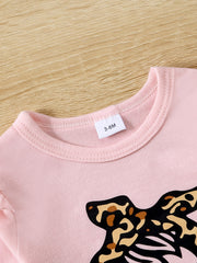 Leopard Letter Print Baby Set Long Sleeve Romper Flare Pants 2pcs