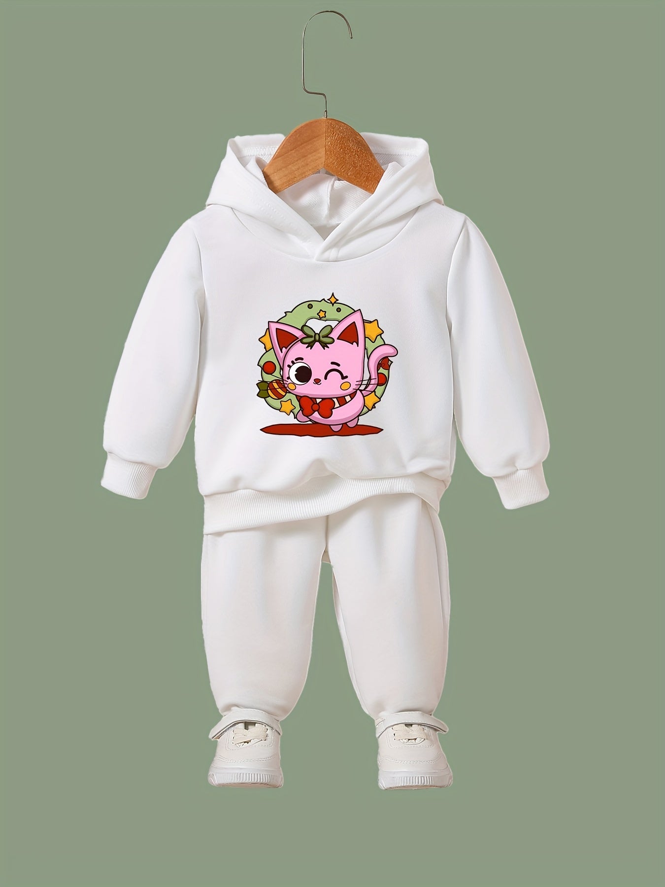 Winking Kitty Print Hoodies Pants Set For Kids Fall Sports