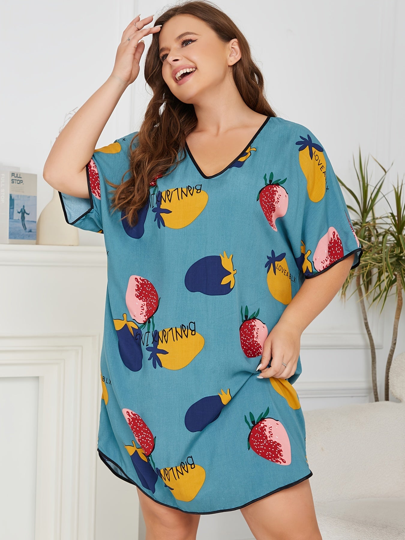 Fruit Print V Neck Sleep Dress Short Sleeve