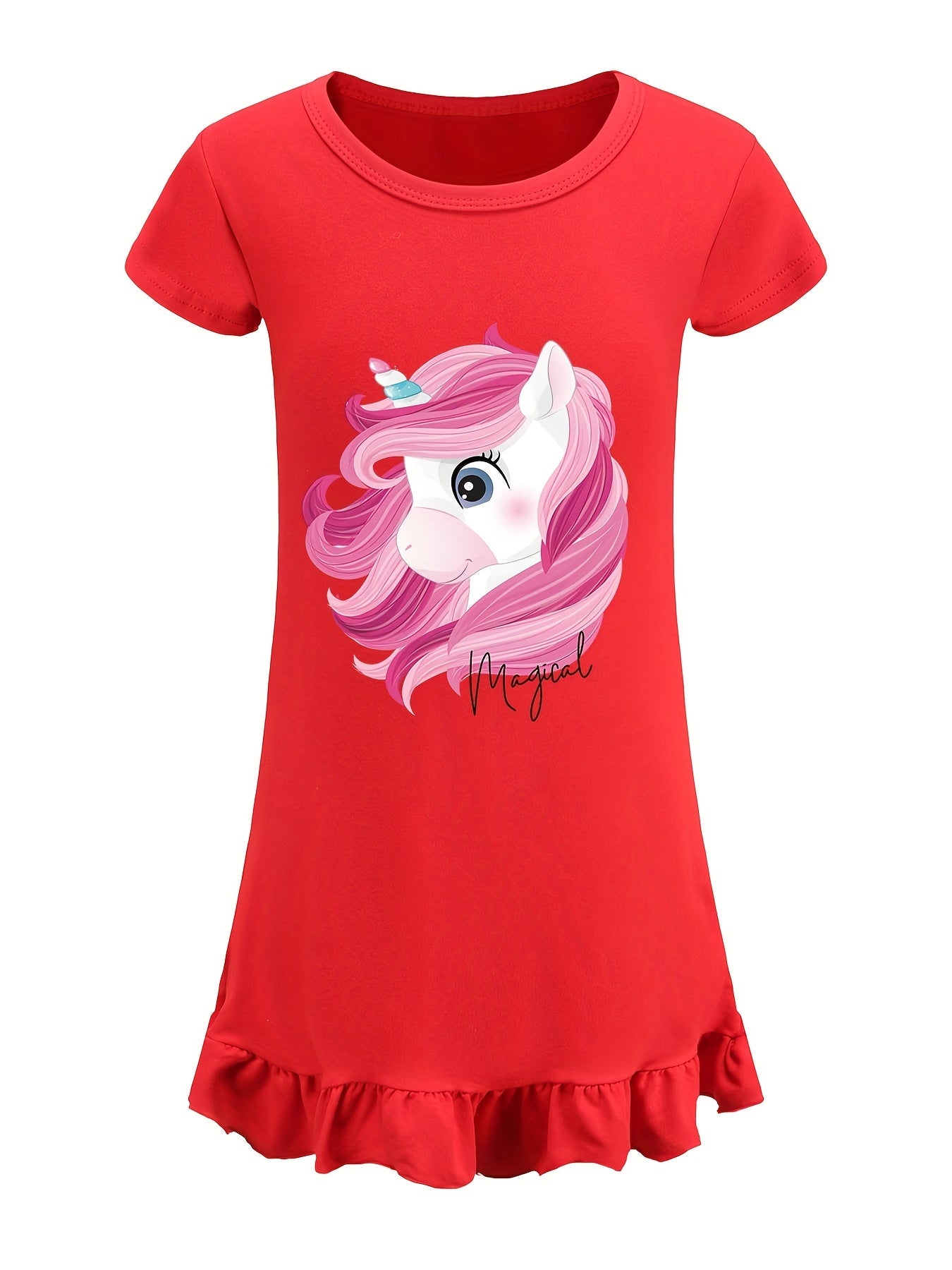 Toddler Girl's Unicorn Print Nightgown Ruffle Short Sleeve Nightdress