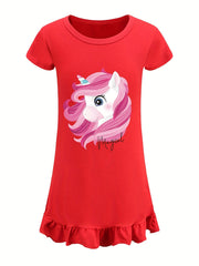 Toddler Girl's Unicorn Print Nightgown Ruffle Short Sleeve Nightdress