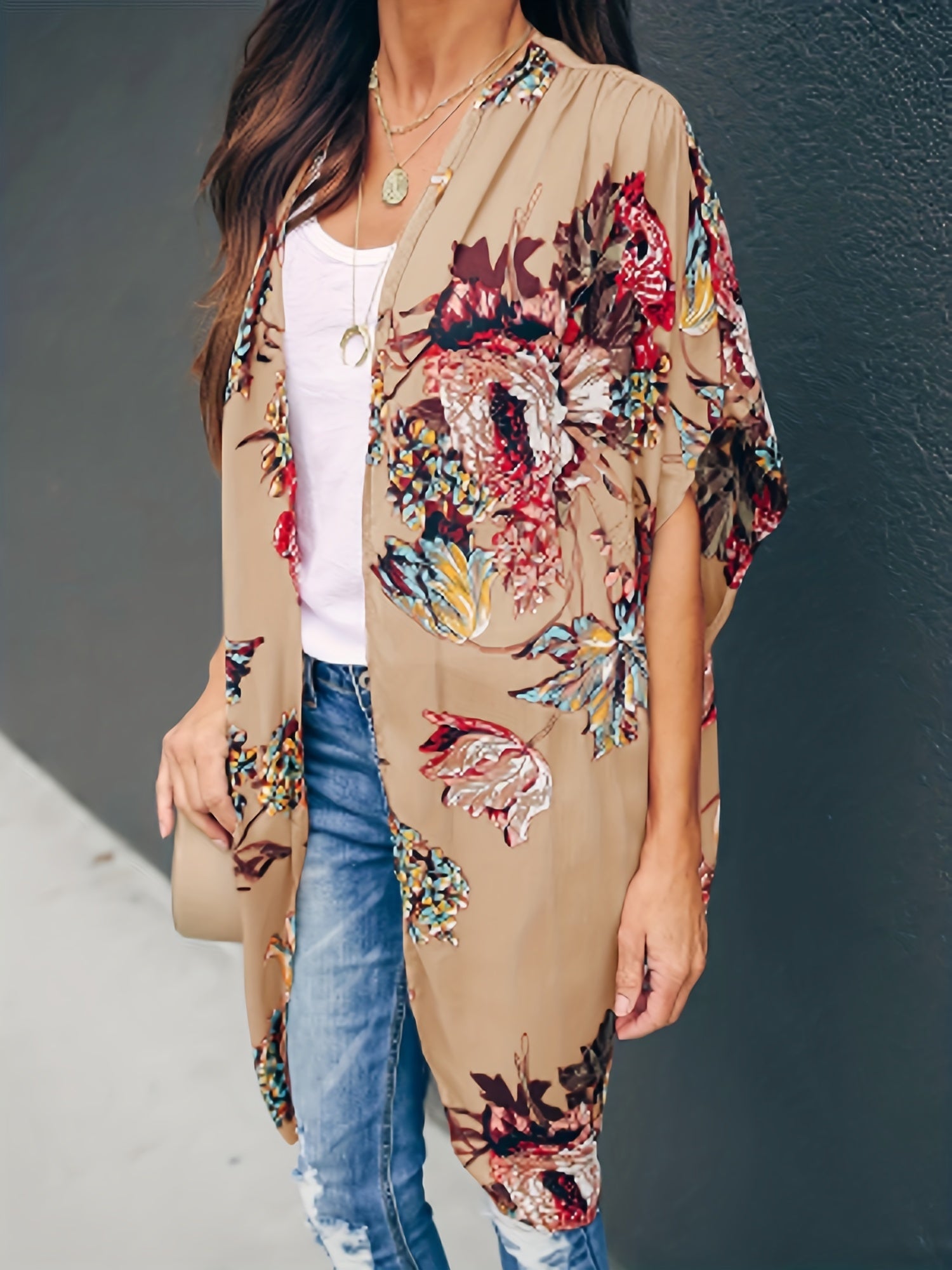 Floral Print Ruched Sleeve Cover Up Cardigan