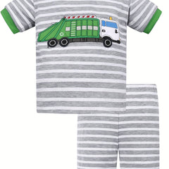Boys Garbage Truck Print Striped Pajamas Set