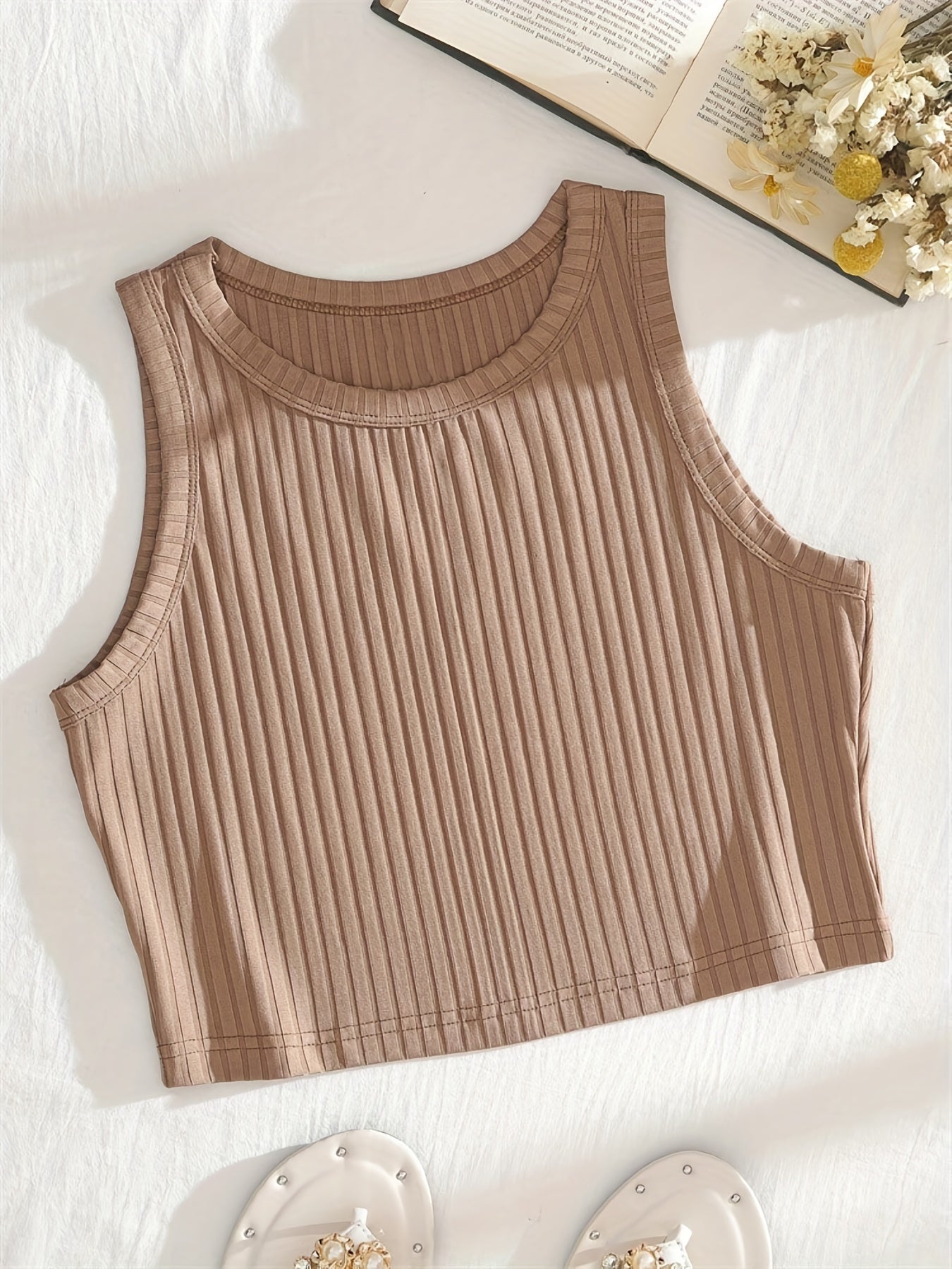 Ribbed Knit Summer Crop Top Y2K Sleeveless Solid Casual Top Women's Clothing