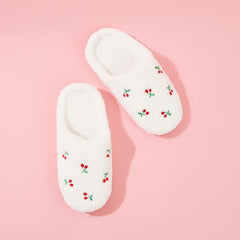 Cherry Embroidery Fluffy Indoor Slippers Women's House Shoes