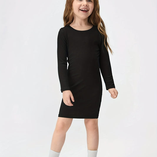 Little Girls Long Sleeve Solid Casual T Shirt Dress Stretchy Comfy Fit