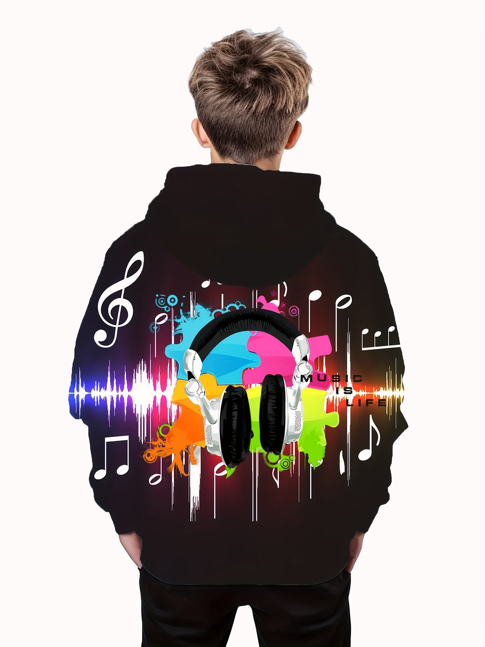 Earphone And Music Note Print Boy's Hoodie Kids Casual Long Sleeve