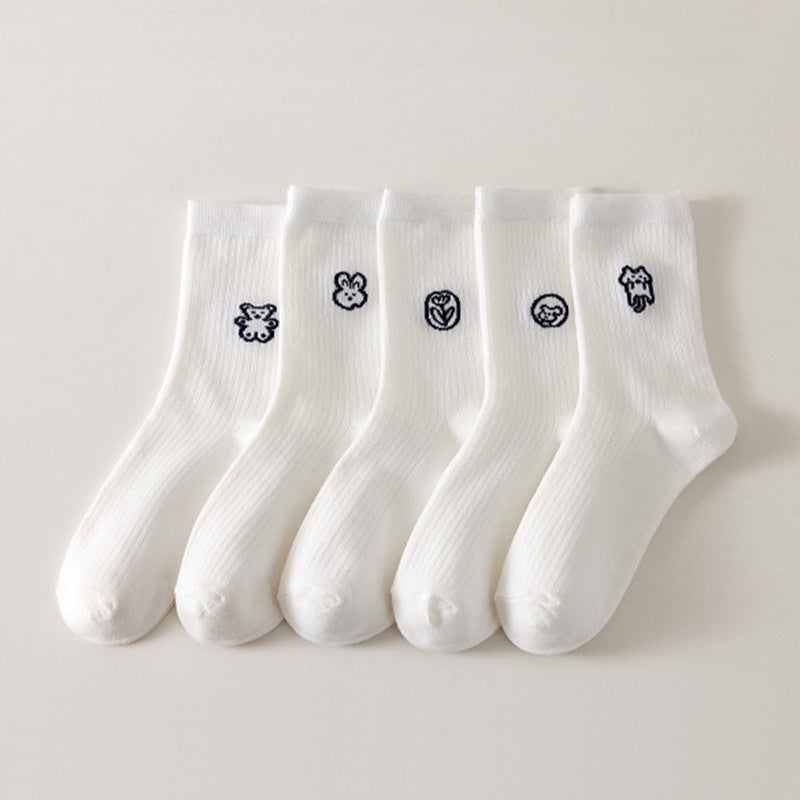 5 Pairs Cartoon Animal Essential Socks Women's Mid Tube Socks
