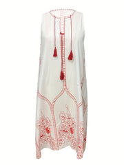 Women's Plus Floral Print Notched Neck Tassel Tank Dress