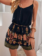 Floral Pattern Backless Romper Casual Spaghetti Strap V Neck