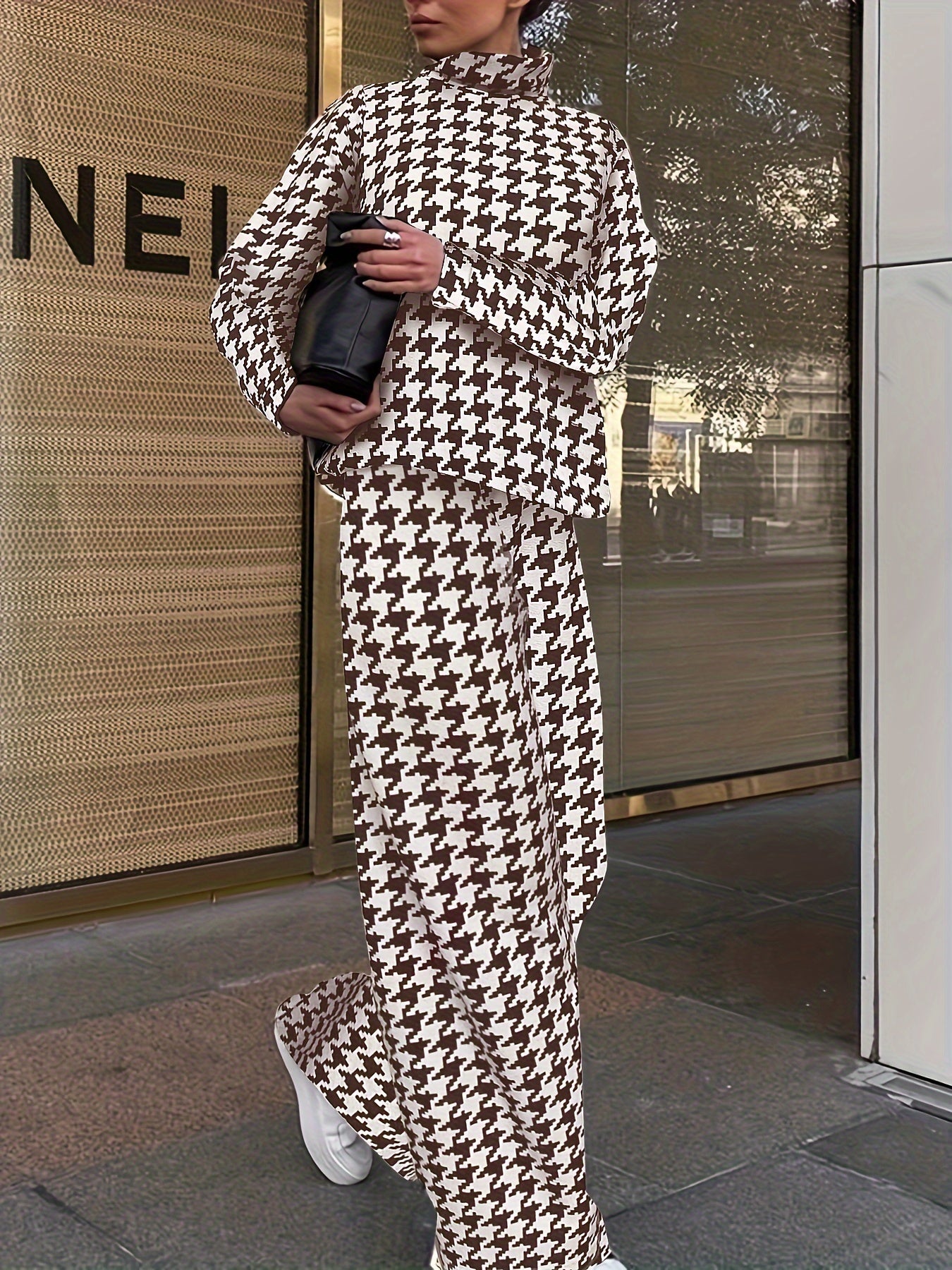 Plus Houndstooth Print Top & Pants Set Women's Plus Size