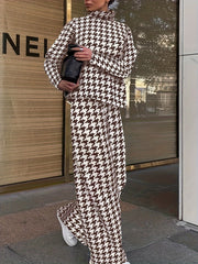 Plus Houndstooth Print Top & Pants Set Women's Plus Size