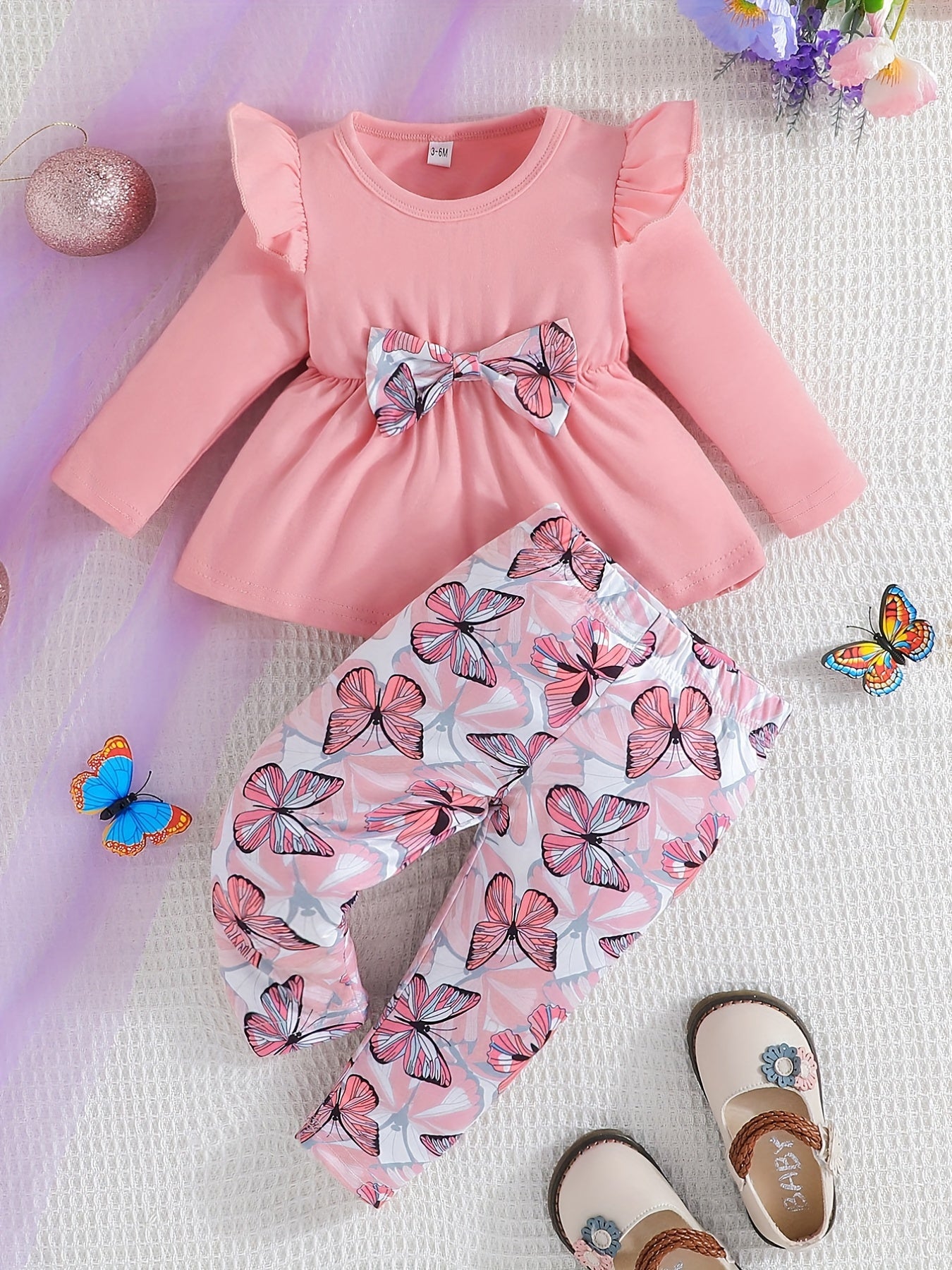 Baby Girls Bow Romper Butterfly Print Pants 2pcs Set