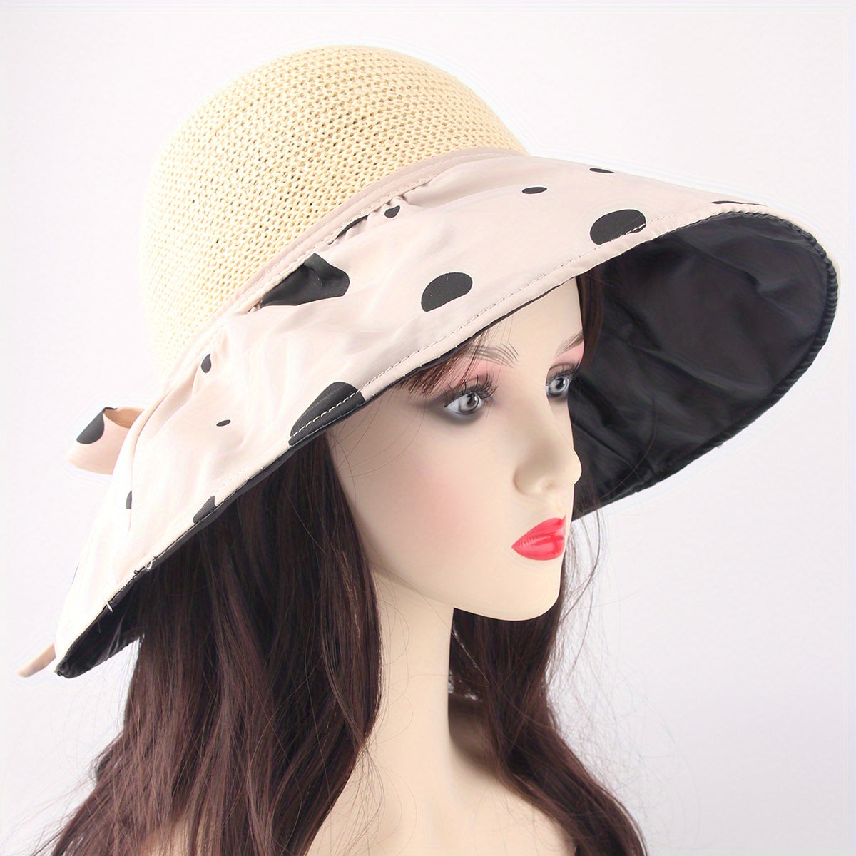 Beige UV Protection Sun Hat Large Brim Breathable Bucket Hat Strap Bowknot