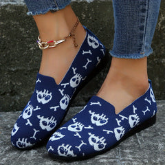 Women's Skull Print Slip On Flat Shoes Lightweight Knit Halloween Shoes