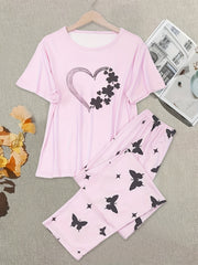 Plus Size Pajama Set Women's Clover Heart & Butterfly Print Tee & Pants