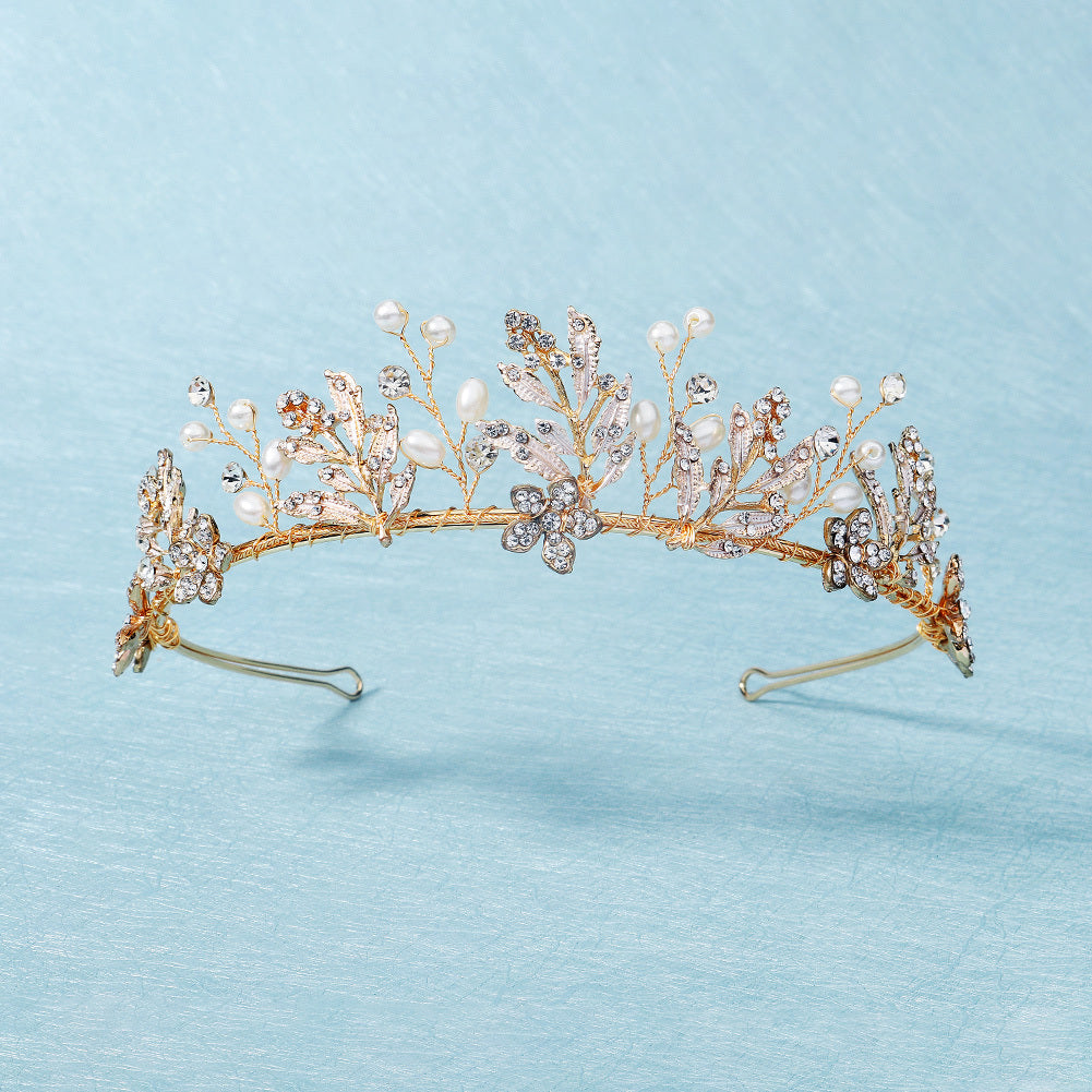 Golden Leaf Crown Hairband Headband Faux Pearl Tiara