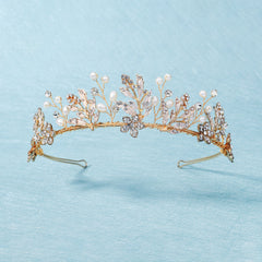 Golden Leaf Crown Hairband Headband Faux Pearl Tiara