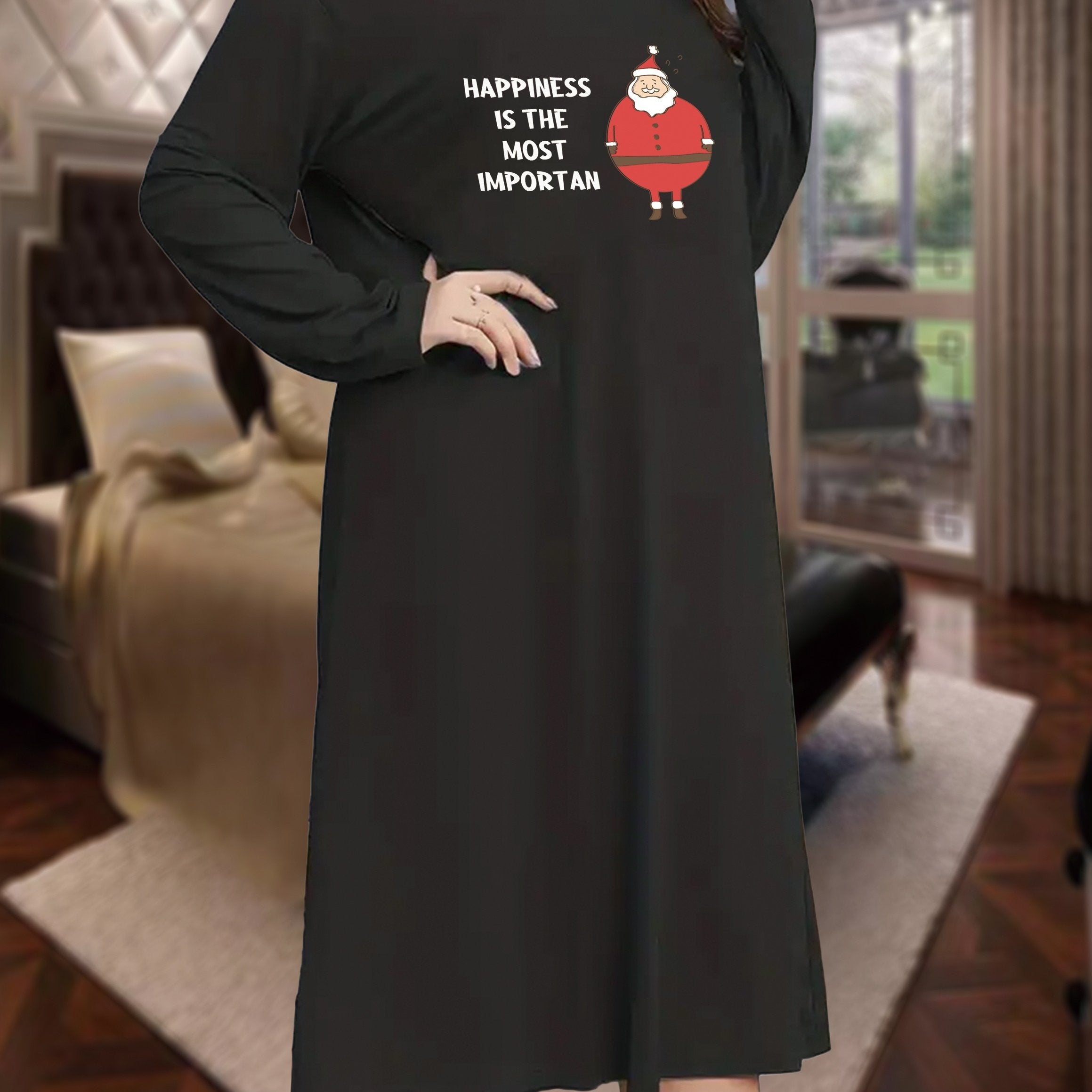 Christmas Nightdress Santa & Letter Print Long Sleeve Round Neck