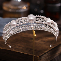 Silvery Faux Pearl Rhinestone Tiara Hairband Wedding Accessories
