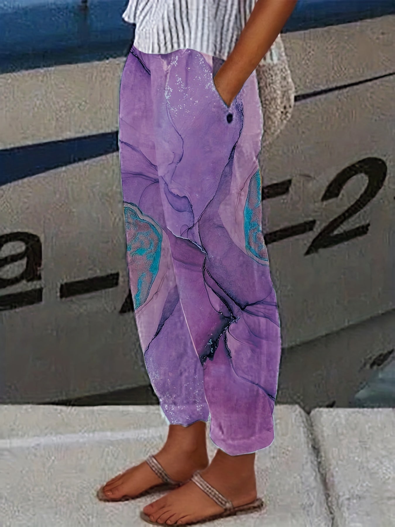 Graphic Print Dual Pockets Loose Pants Casual Comfy Pants