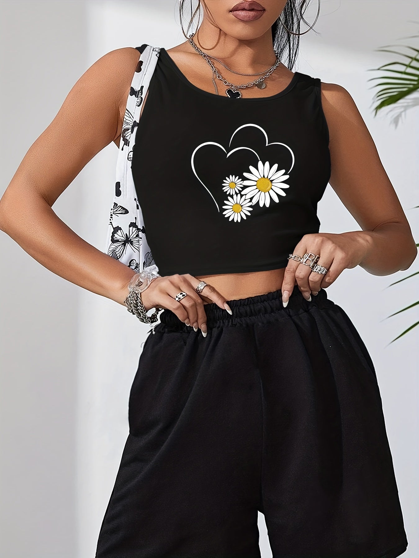 Daisy Print Crop Tank Top Sleeveless Summer Women's Clothing