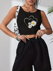 Daisy Print Crop Tank Top Sleeveless Summer Women's Clothing