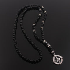 Vintage Natural Stone Beaded Necklace with Compass Pendant for Men