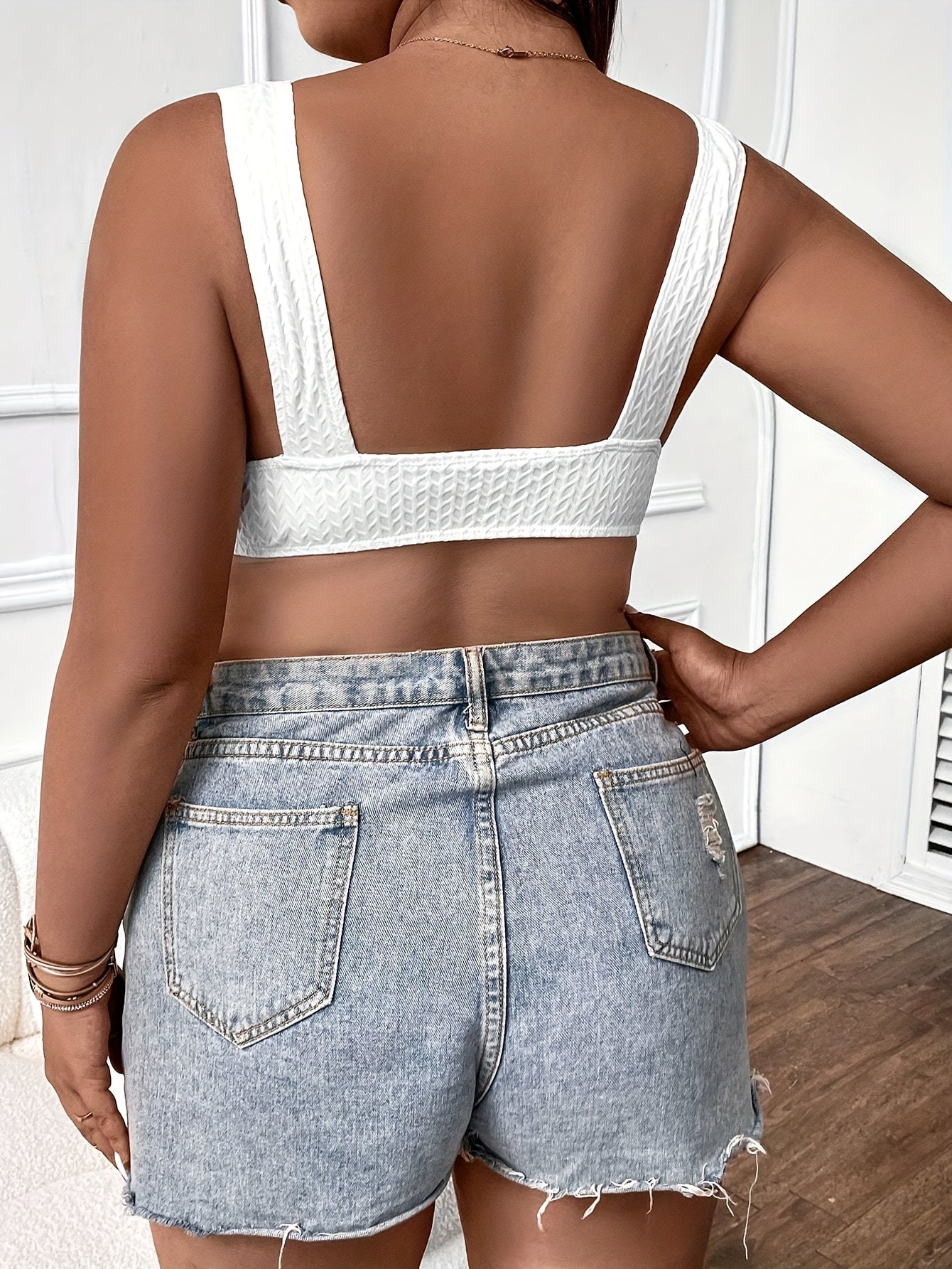 Plus Size Textured Deep V-Neck Bikini Crop Top