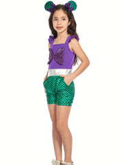 Toddler Girls Ruffle Trim Sequin Bow Block Rompers Jumpsuits Cosplay Costume