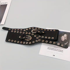 Stylish Eyelet Hollow Out Belt Double Pin Buckle Elastic PU Leather Wide Belt