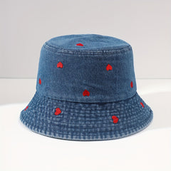 Heart Embroidered Bucket Hat Washed Distressed Denim Fisherman Cap
