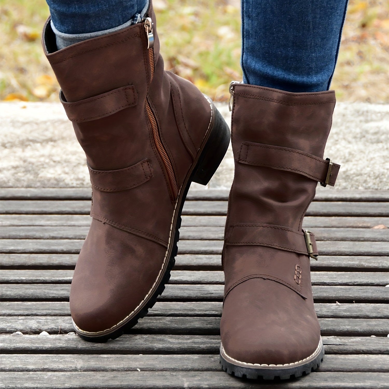 Women's Retro Mid Calf Boots Double Buckle Strap Side Zipper Shoes
