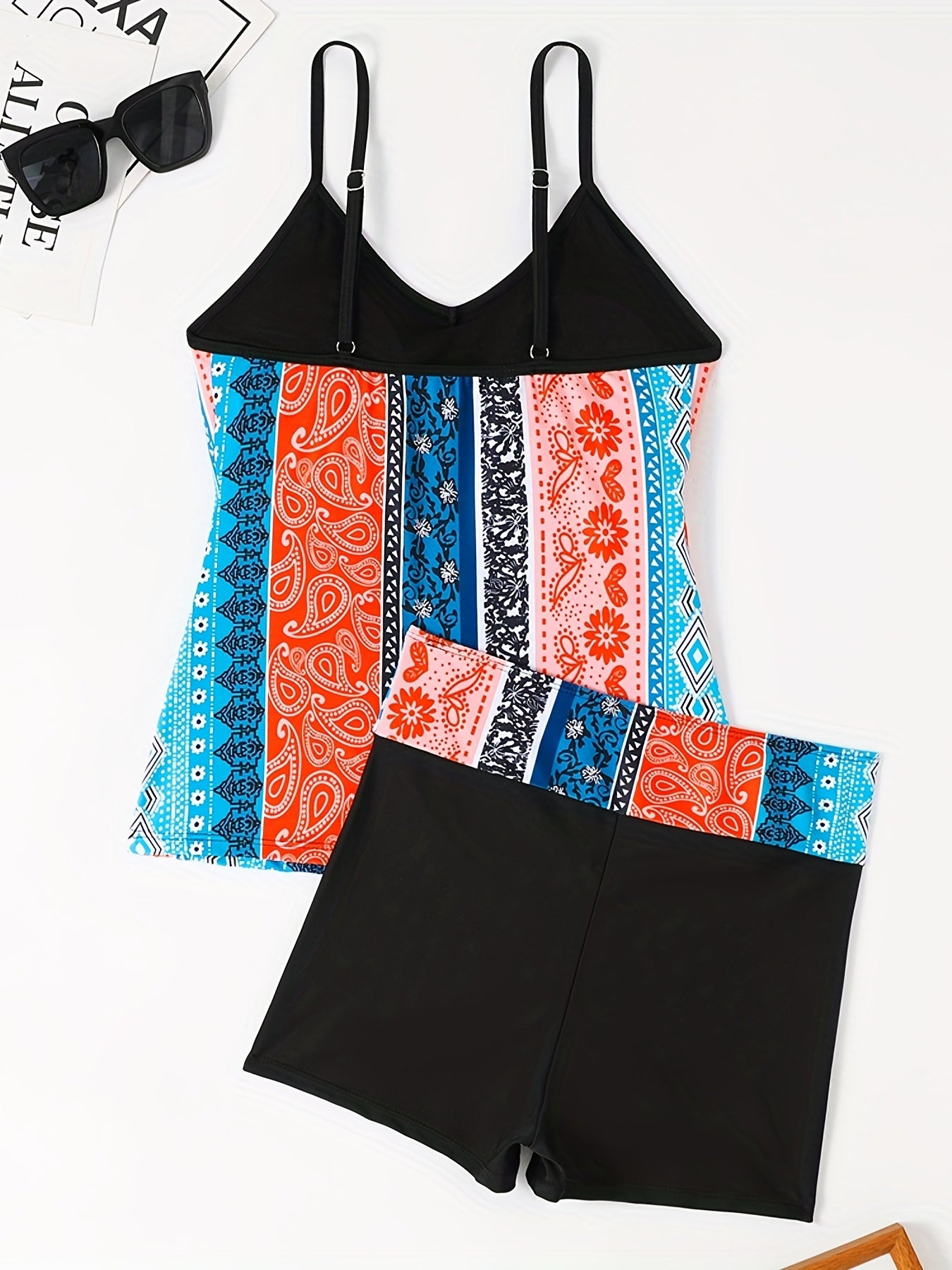Striped Print V Neck Spaghetti Straps Tankini Swimsuit