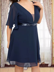 Plus Size Sexy Bridesmaid Dress Women's Plus Sequin Ruffle Sleeve